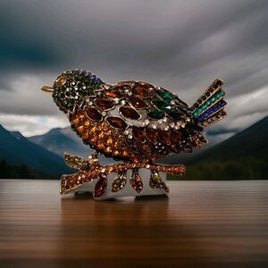 4" X 3.25" Multi Color Kingfisher Bird Brooch Pin Rhinestone Crystal